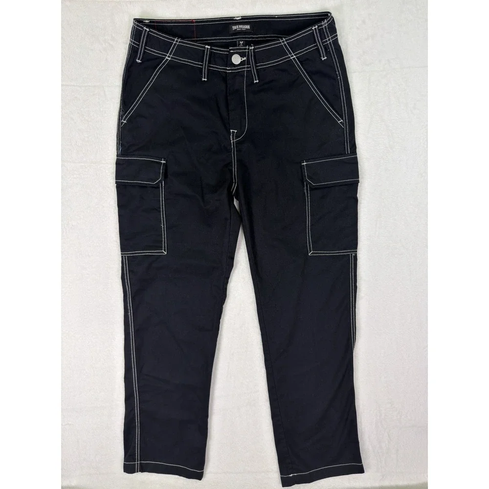 True Religion Pants Mens 32x32 Black‎ Straight Relaxed Cargo Pockets Rock Grunge